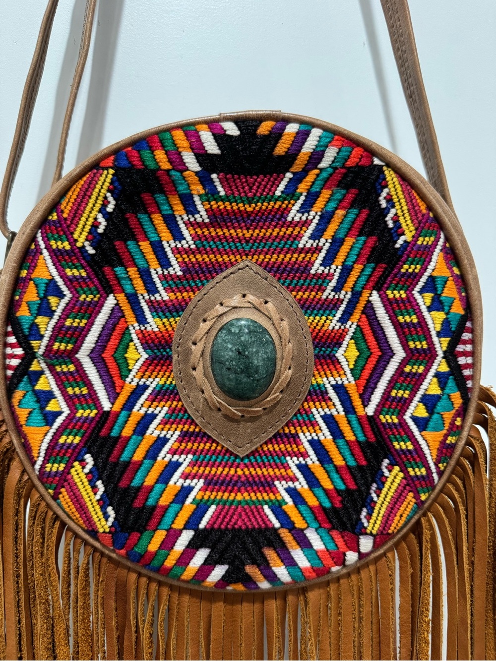 [SOLD] Handmade Guatemalan Leather Fringe Crossbody Bag w/ Embroidery Green Jade - Picture 4 of 5